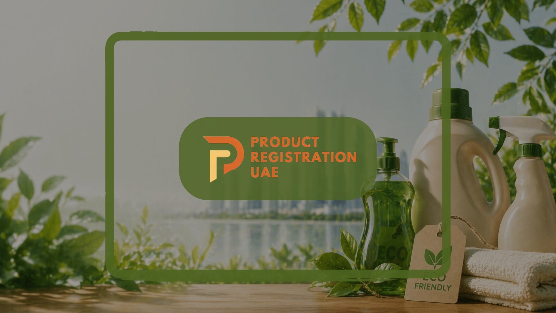 green compliance UAE concept with eco-friendly cleaning products, sustainable packaging, and Dubai skyline background