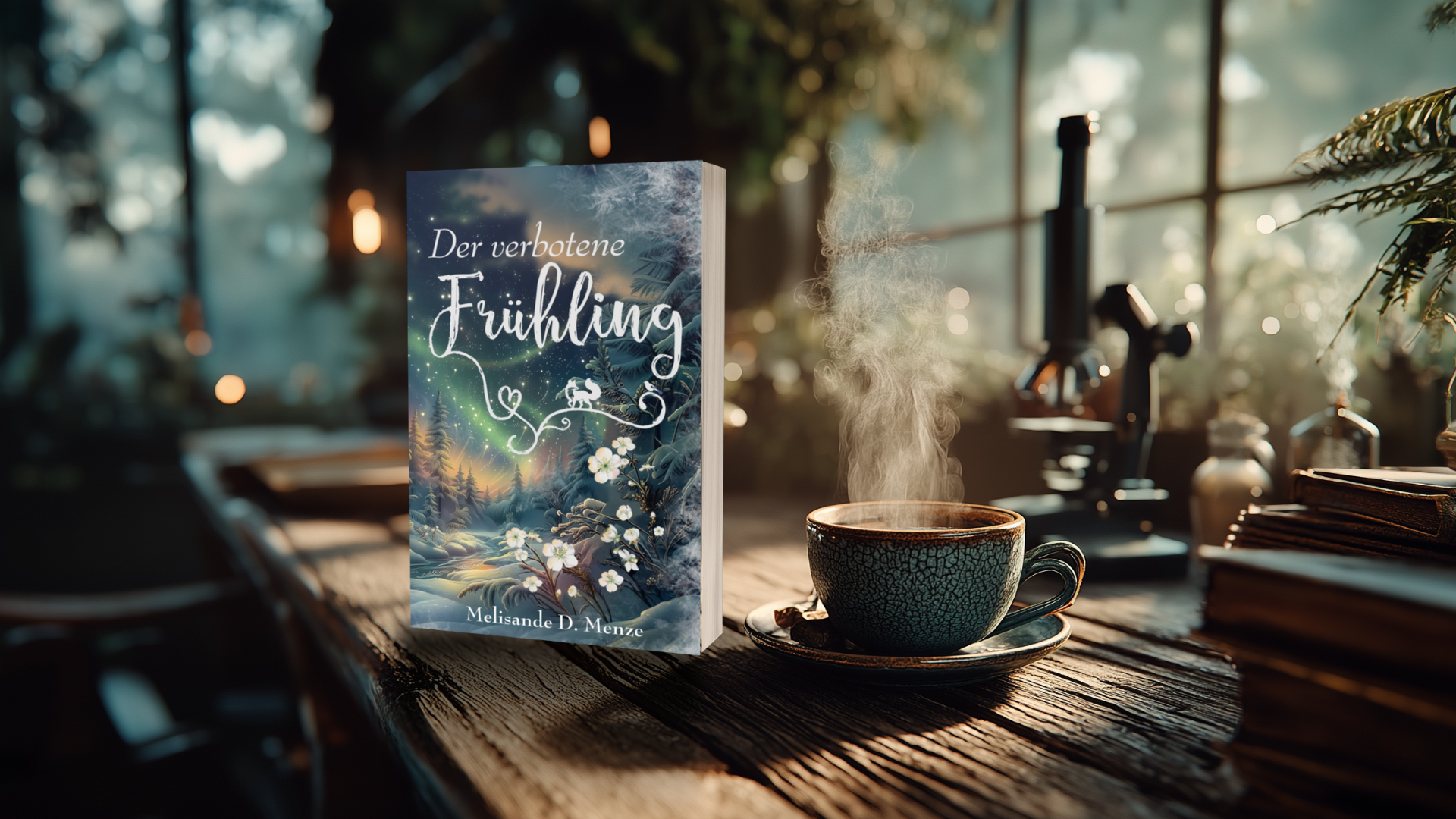 a book cover of a book with a cup of coffee