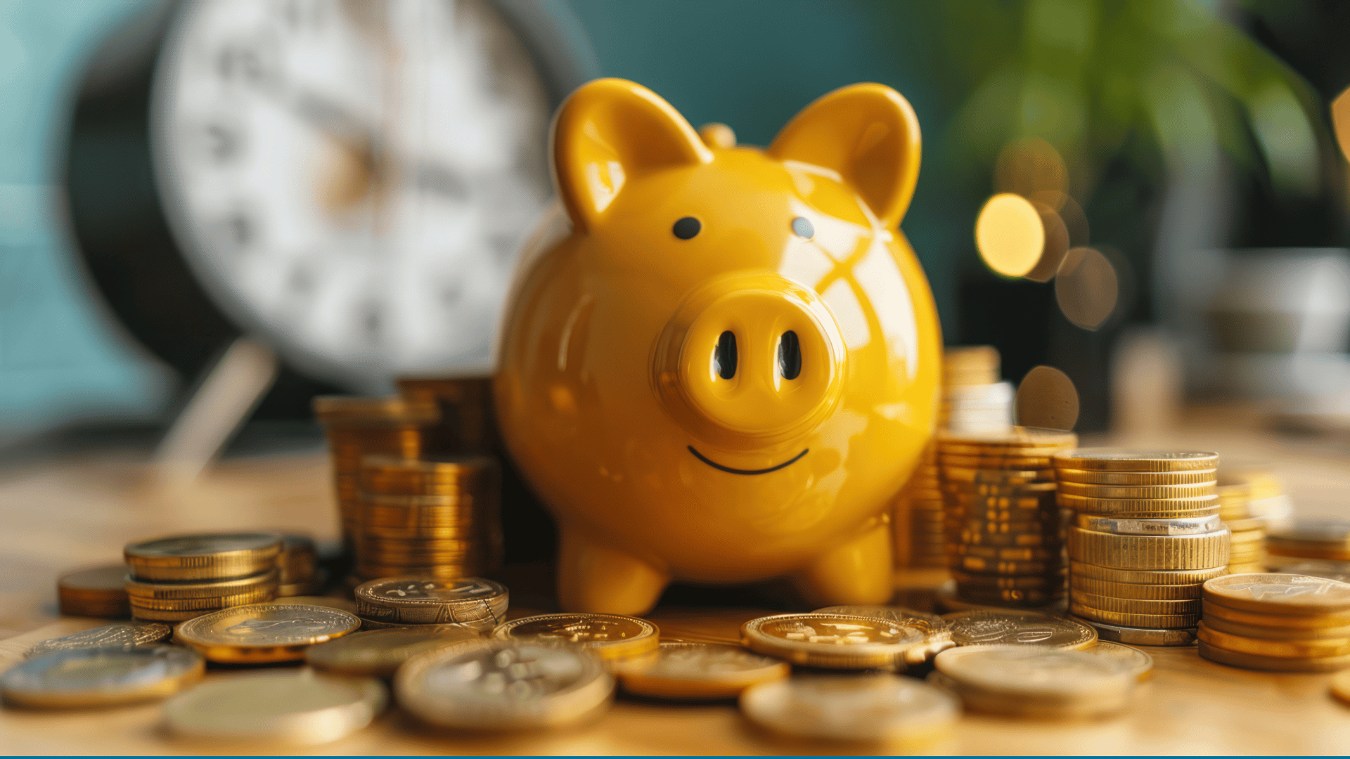 yellow piggy bank with lots of gold coins around it for money purchase plans