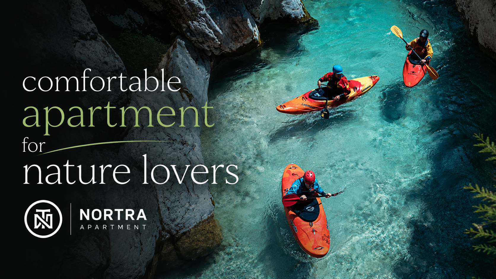 Kayakers paddling through turquoise river water near a comfortable nature apartment rental.