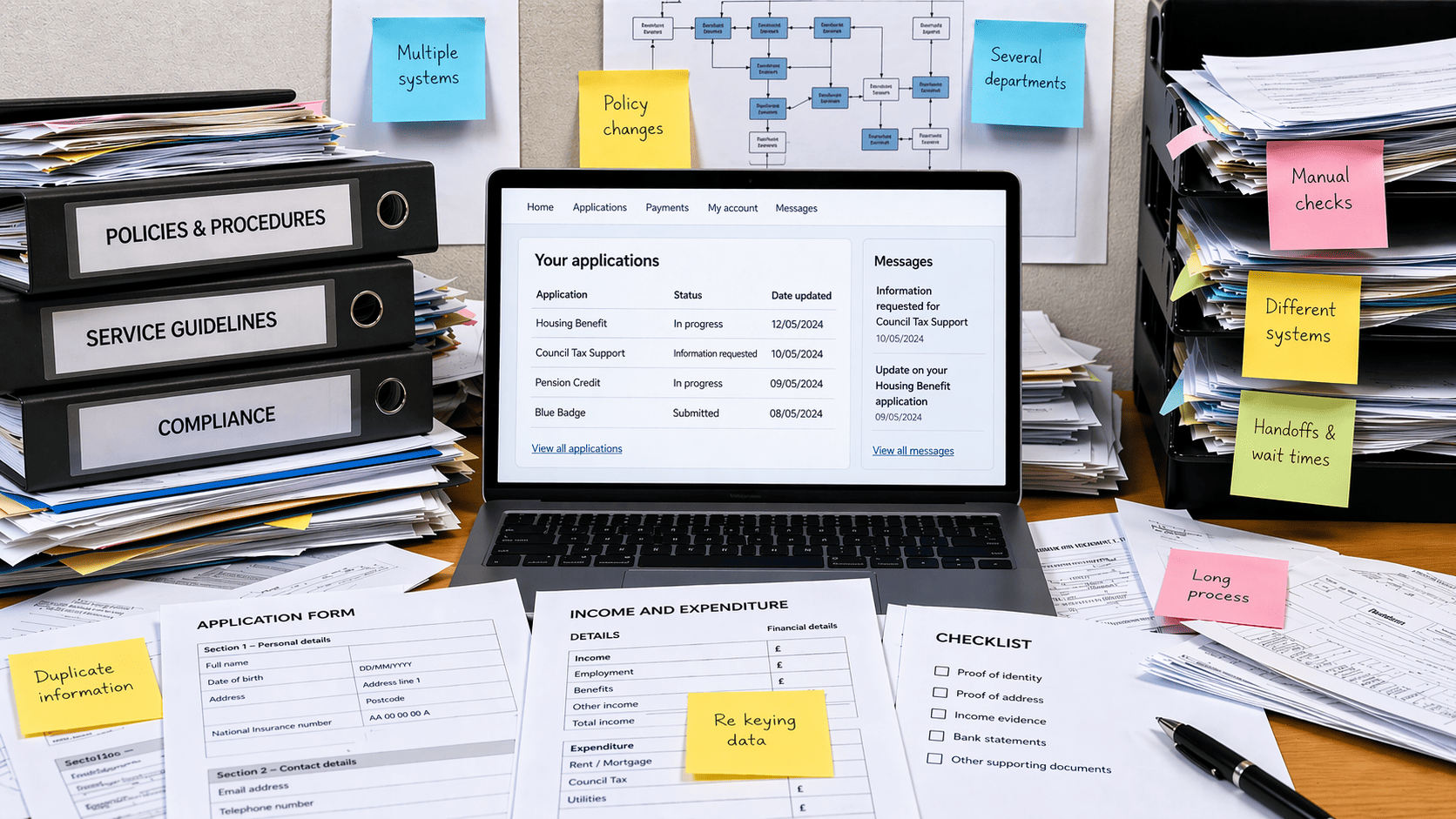 A cluttered office desk with stacks of binders and papers surrounding a laptop.