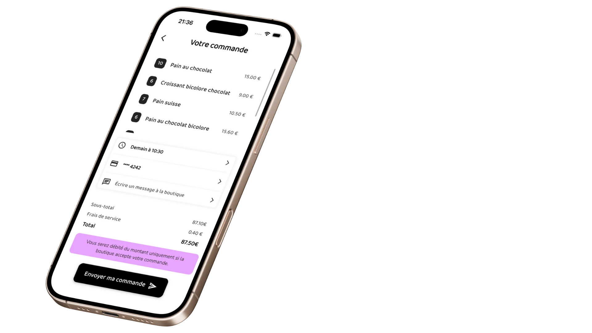 Écran de l'application mobile Ooga valider commande