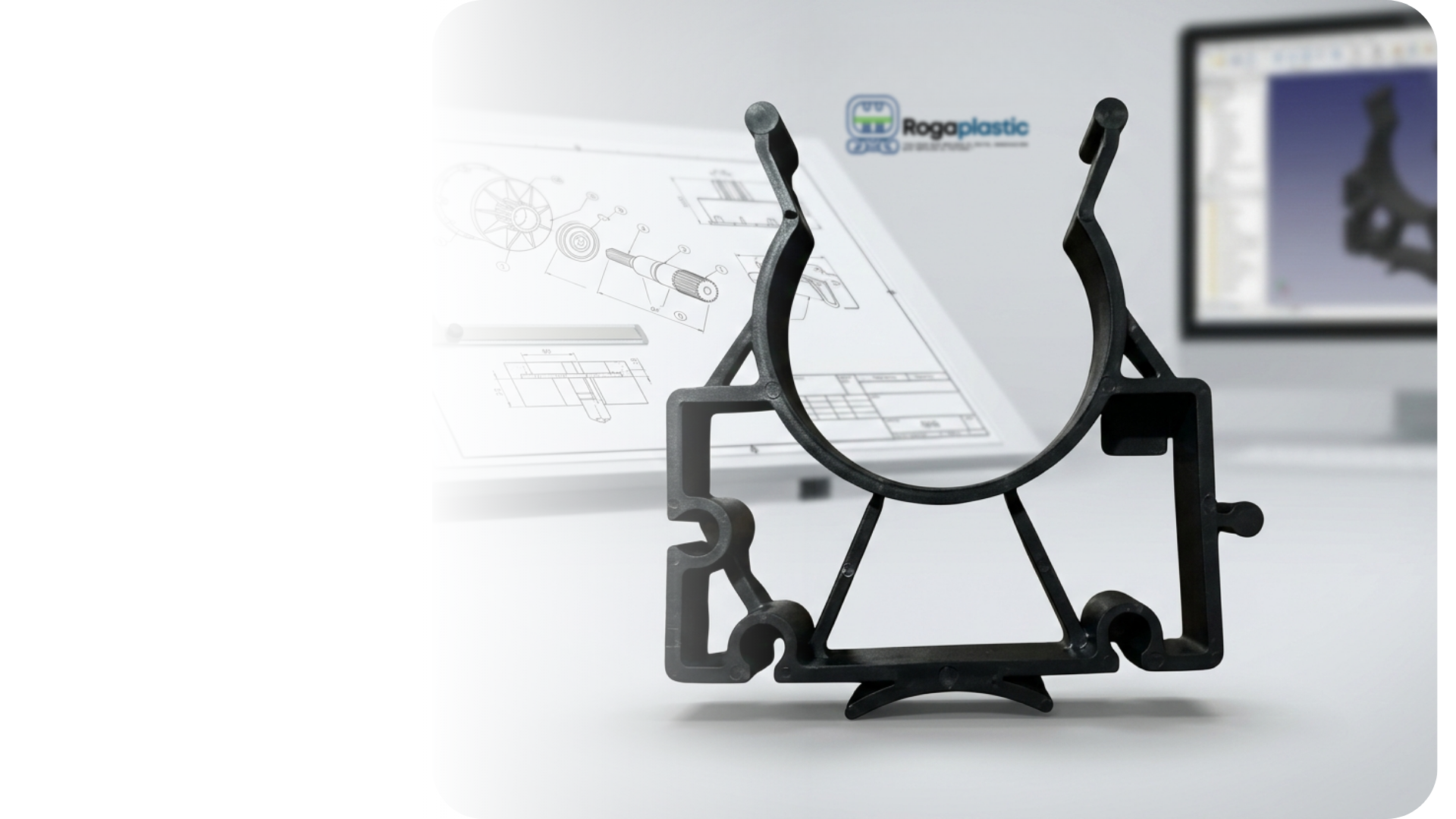 Precision injection molded plastic profile part displayed with technical CAD engineering blueprints.