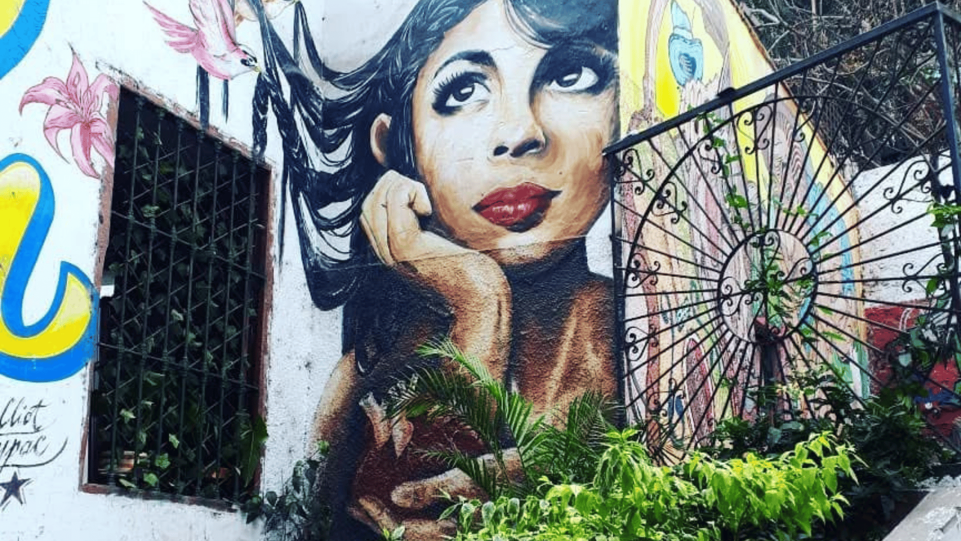 Street mural of a woman with flowing black hair and red lips, painted on a white building wall with tropical plants below.