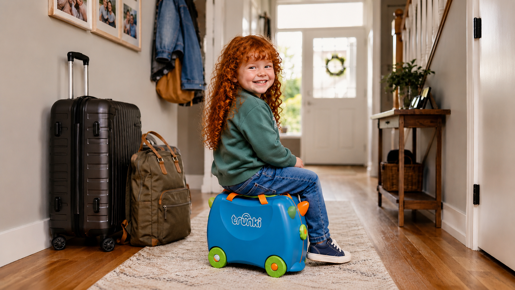 Smiling young girl with red curly hair sitting on a blue Trunki ride-on suitcase in a hallway.