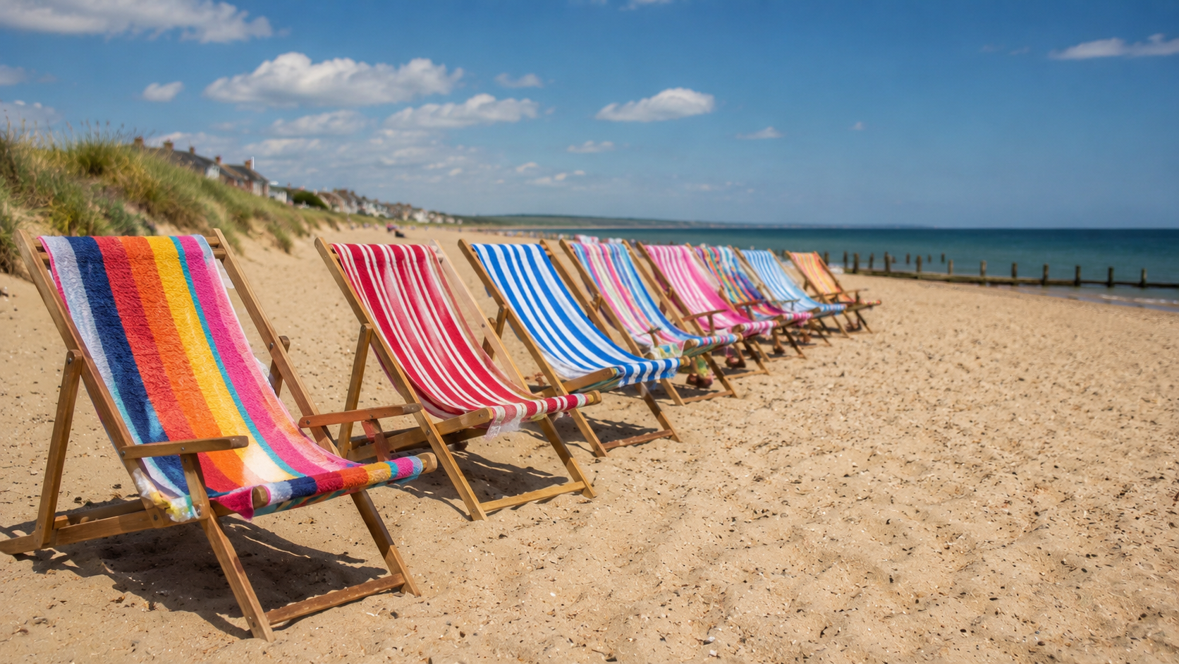 A row of colorful striped beach deck chairs on a sandy shore under a bright blue sky.