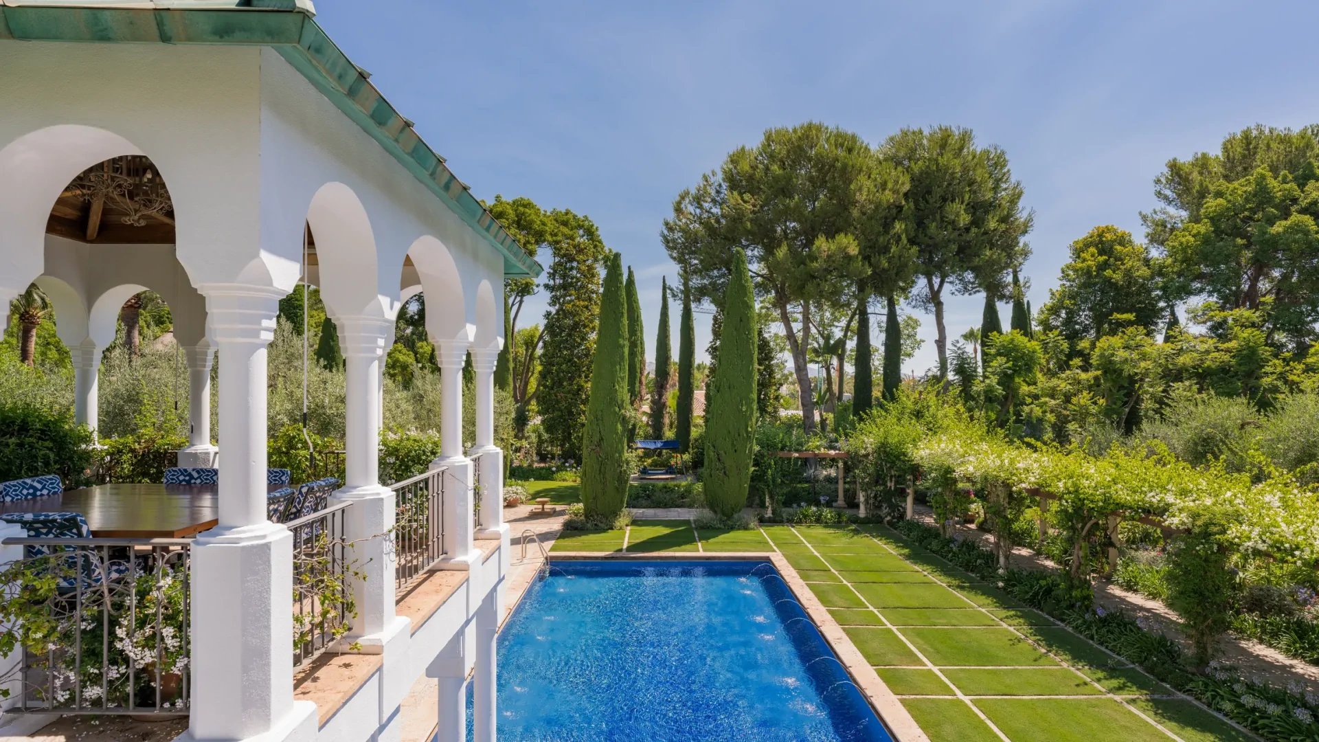 Garden pool and pavilion in Golden Mile Marbella estate