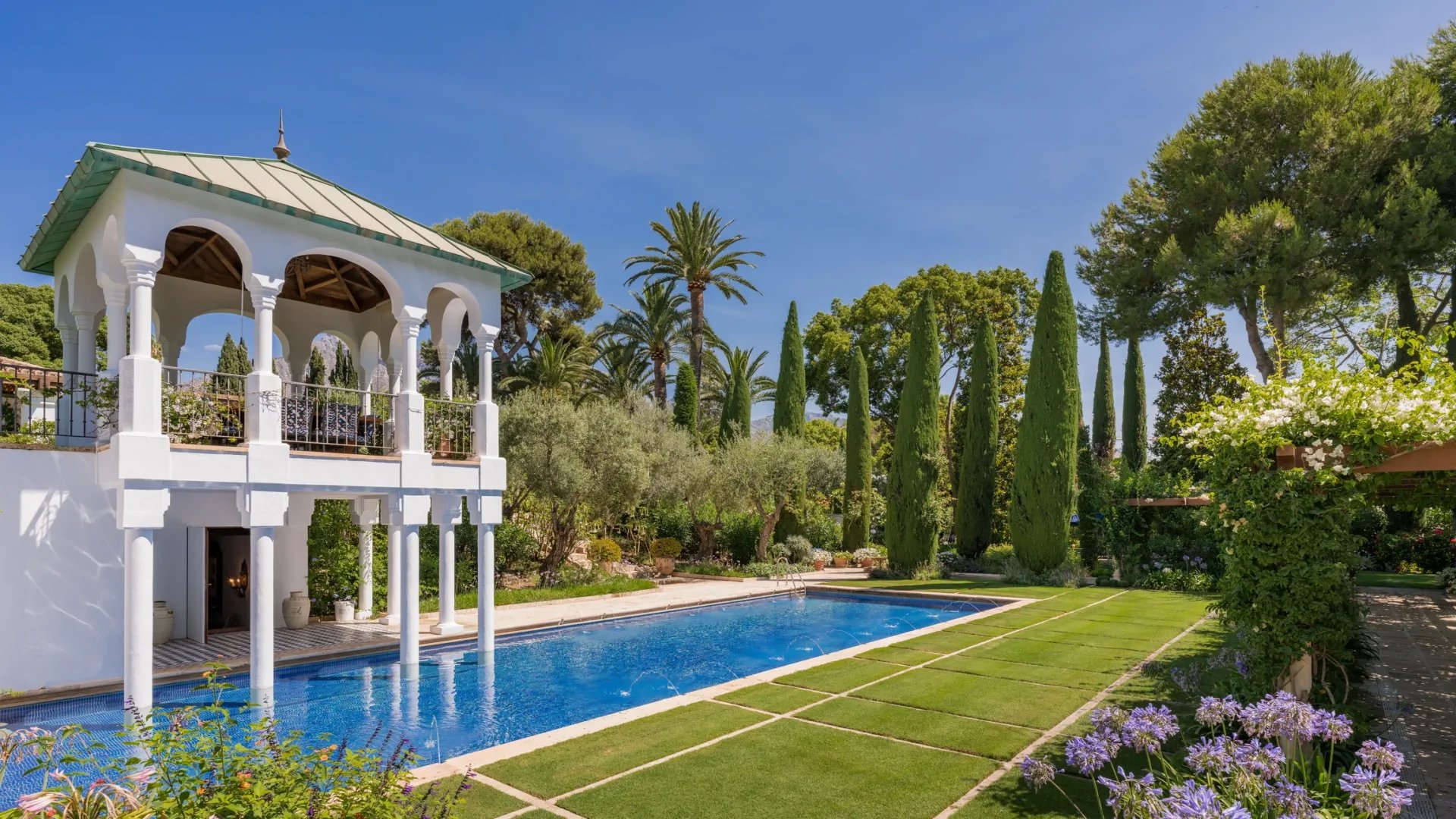 Garden pool and pavilion in Marbella Golden Mile estate