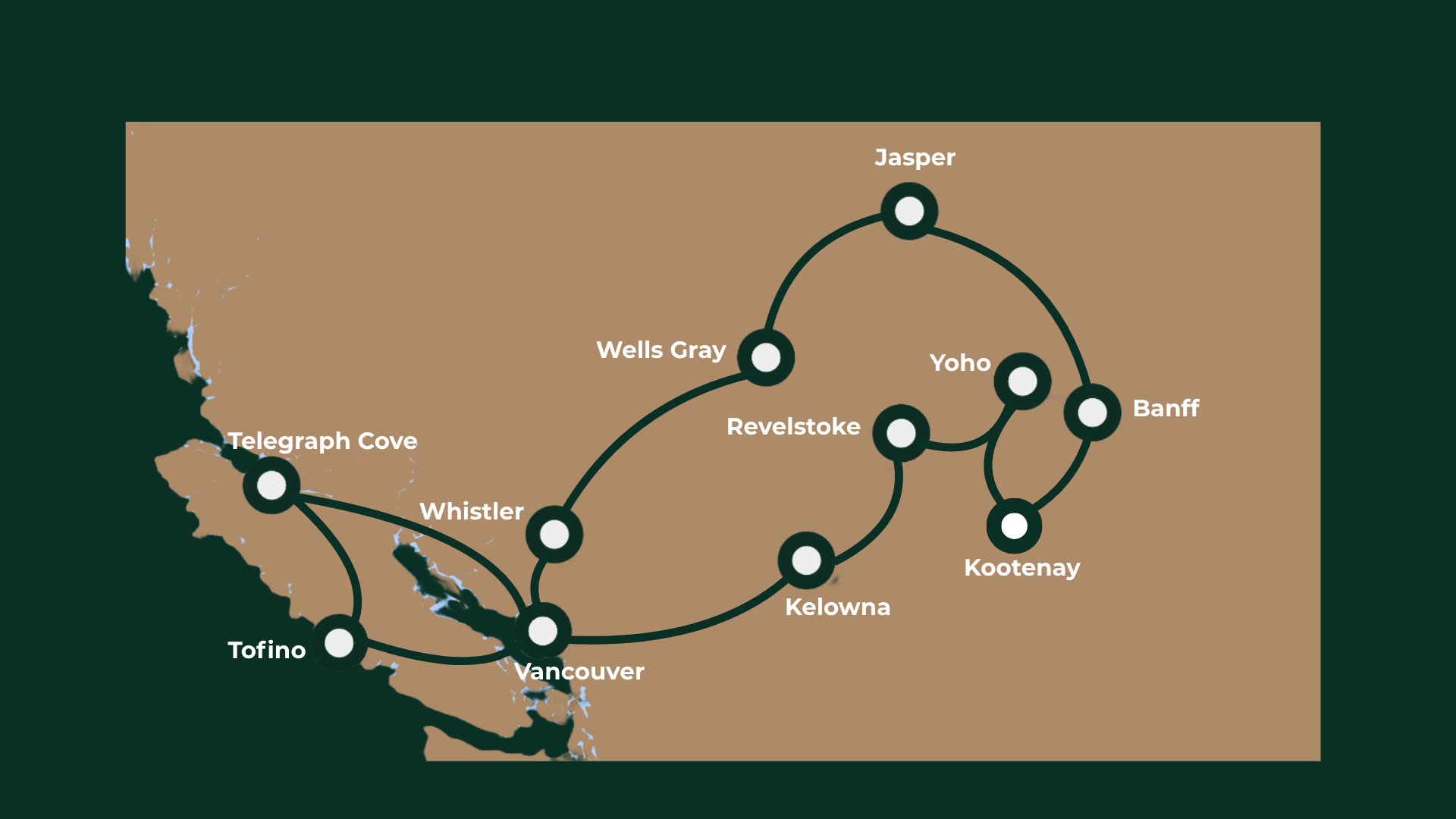 Illustratieve kaart van een reisroute door West-Canada