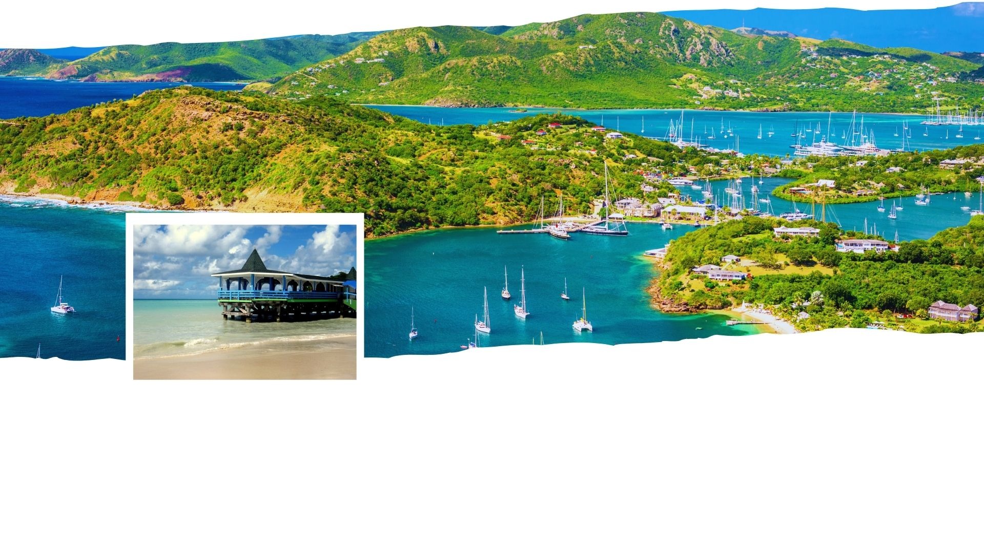 Casinha azul à beira-mar em Dickenson Bay, Antigua, rodeada por coqueiros e mar calmo.