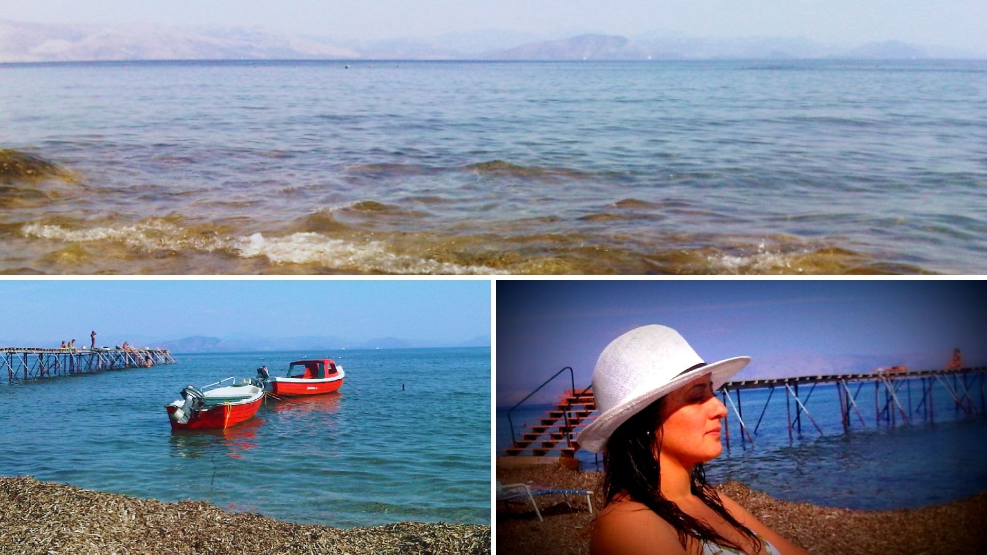 Autora na praia em Corfu, com diferentes ângulos mostrando o mar azul-turquesa.