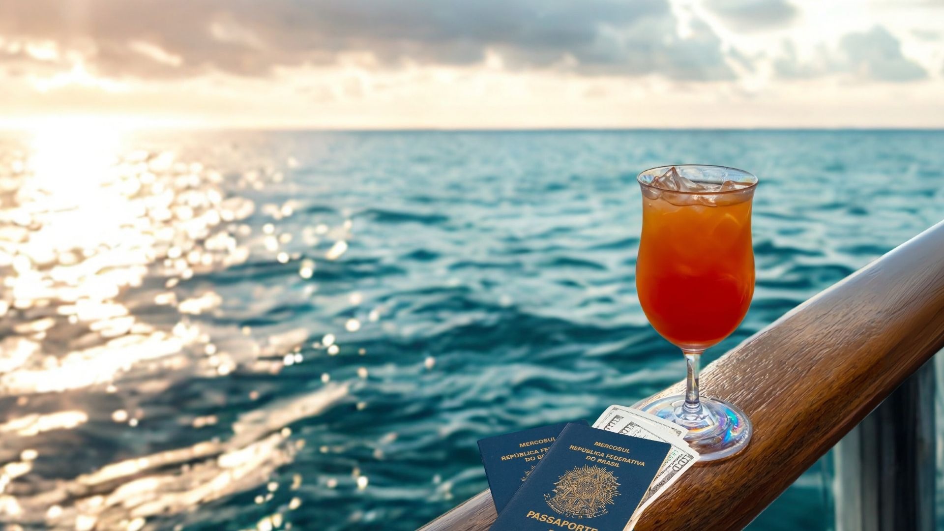 Drink colorido ao lado de passaportes sobre a barra da varanda de um navio, com o mar ao fundo.