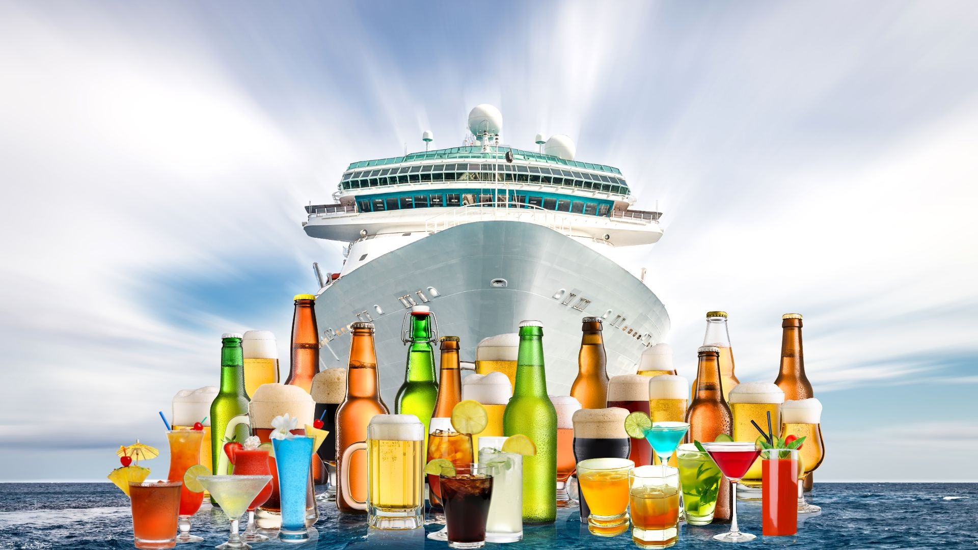 Variedade de bebidas a bordo do navio, mostrando a quantidade e diversidade disponíveis para os passageiros