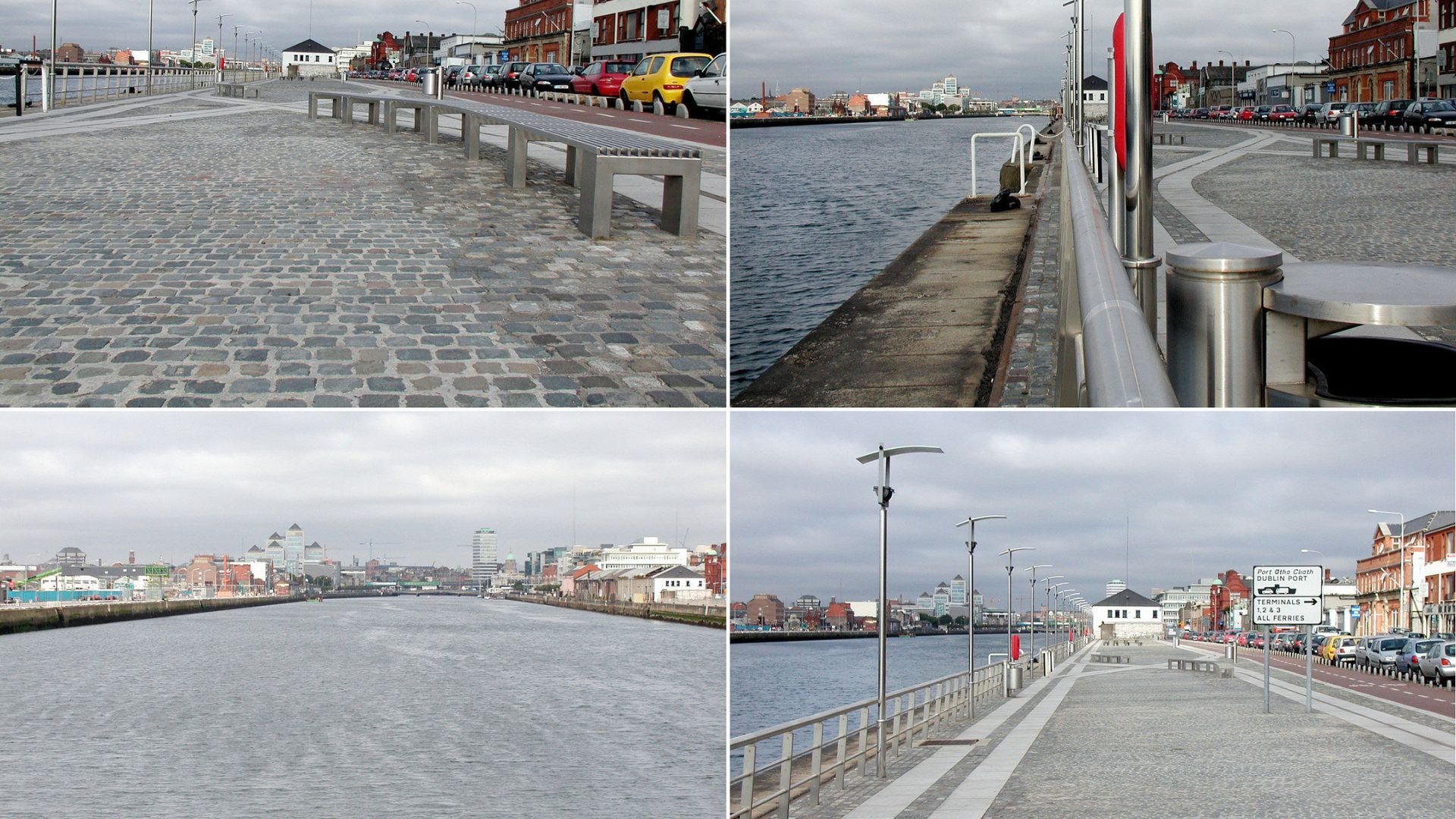 Quatro ângulos distintos do porto de Dublin, revelando detalhes da infraestrutura portuária.