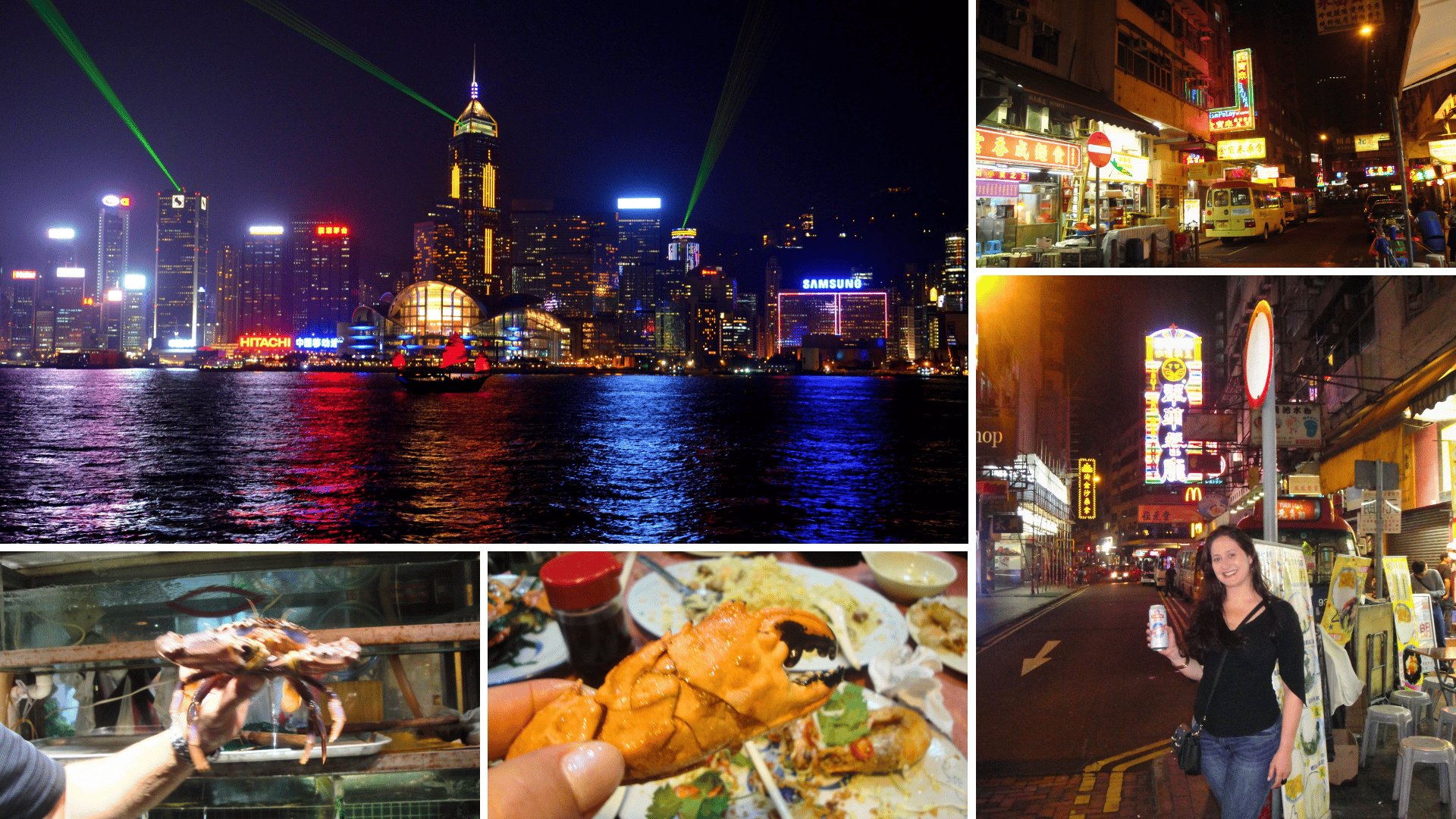 Vista noturna de Hong Kong mostrando arranha-céus, luzes, festa e comida de rua.