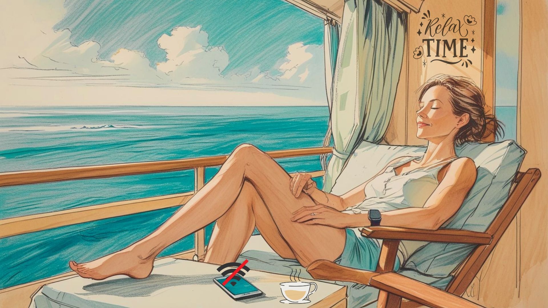 Passageiro em varanda de cabine de navio, celular ao lado, aproveitando a vista do mar e a desconexão