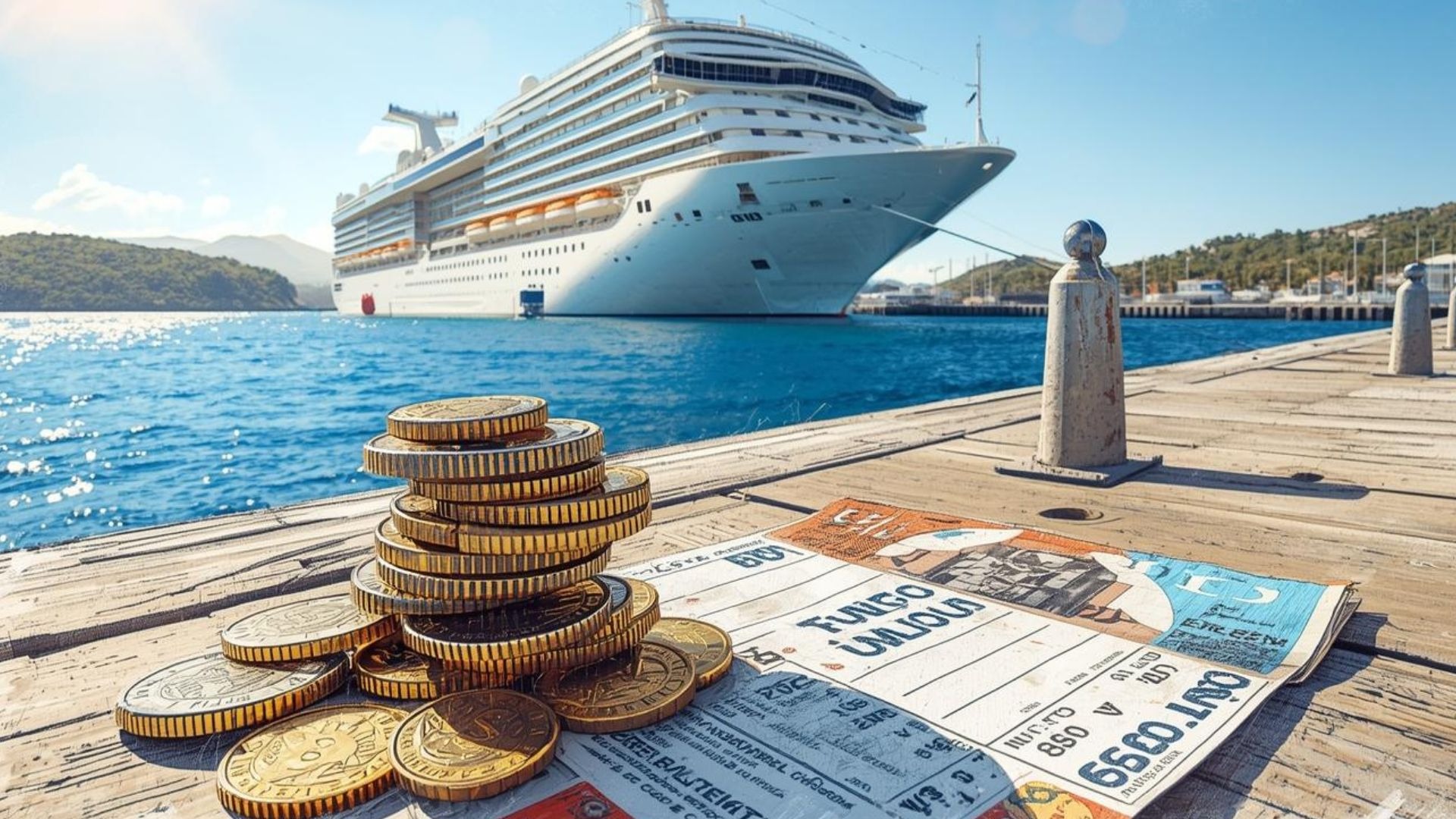 documentos e moedas sobre um cais, com navio e ilhas gregas ao fundo, representando taxas portuárias e vistos.