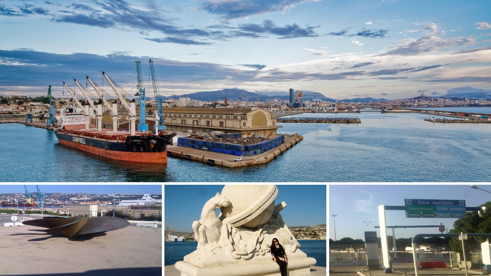 Vista do porto de Marselha na chegada, com estátuas e monumentos contrastando com a modernidade do cais