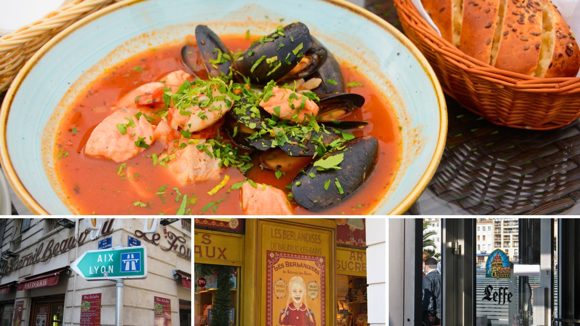 Colagem de ruas de Marselha com pâtisseries, cafés, bistrôs e a famosa bouillabaisse