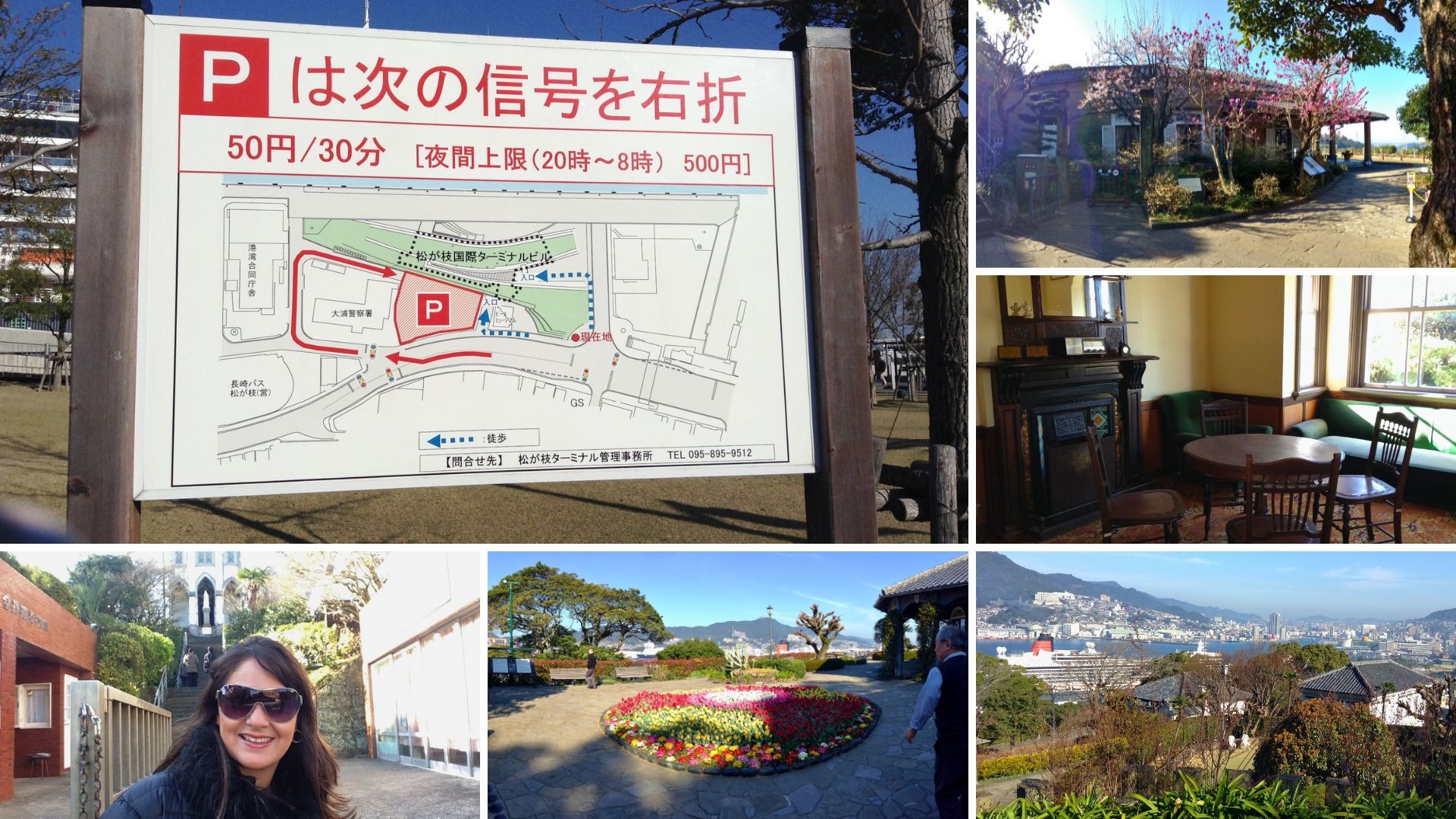 Autora contemplando a paisagem de Nagasaki, entre colinas verdes, a cidade e a baía.