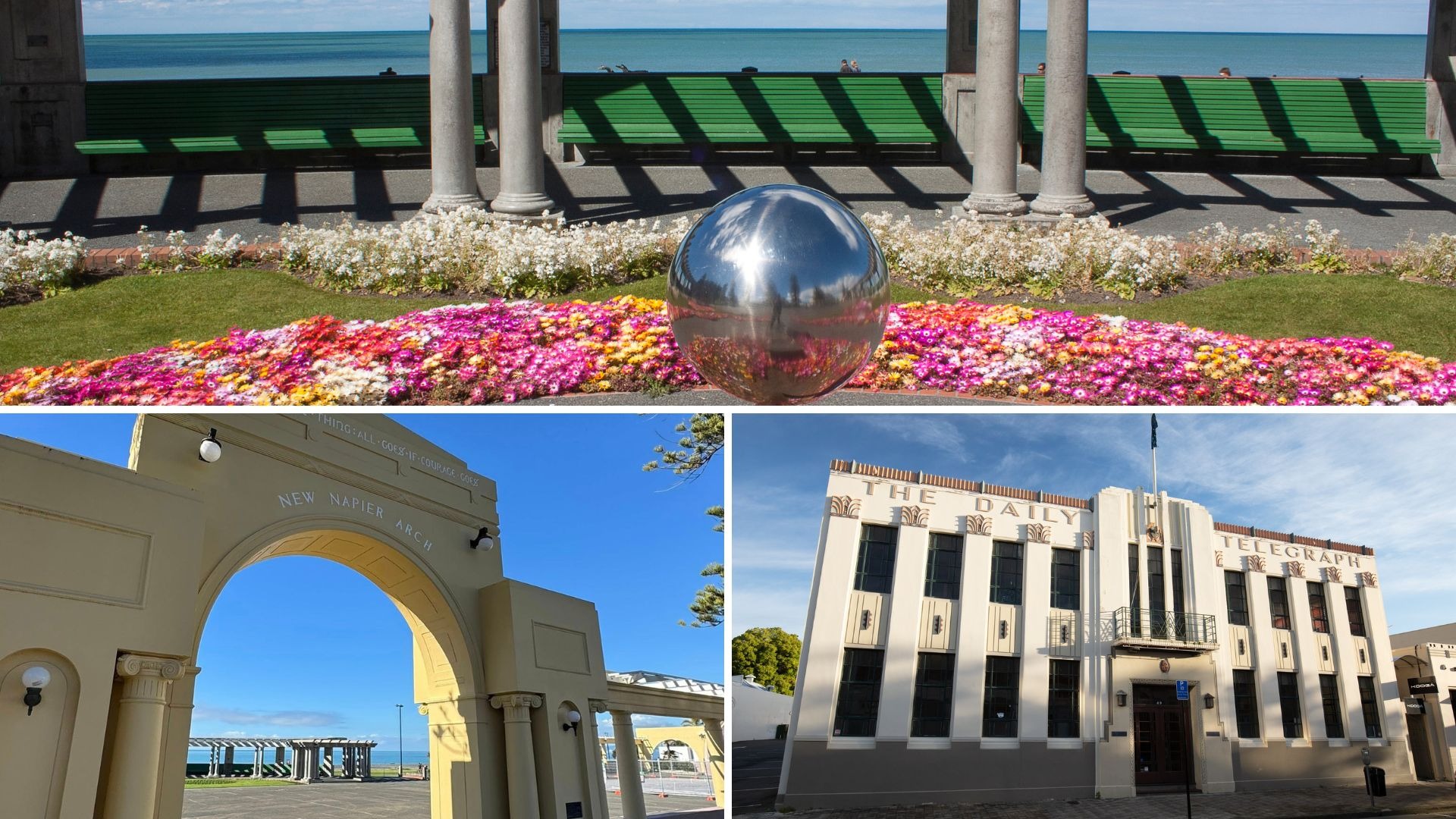 Arco colorido de Napier e jardins floridos ao longo da Marine Parade, com vista para o mar.