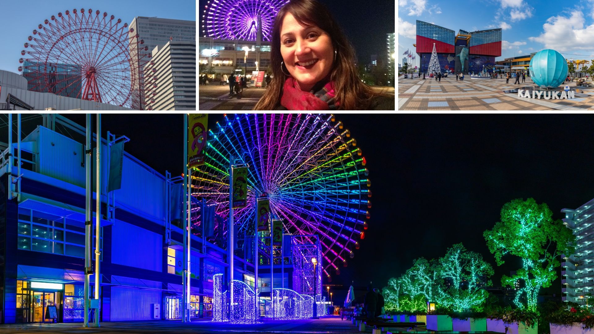 Harbour Village no porto de Osaka com a roda-gigante Kyocan visível de dia e à noite