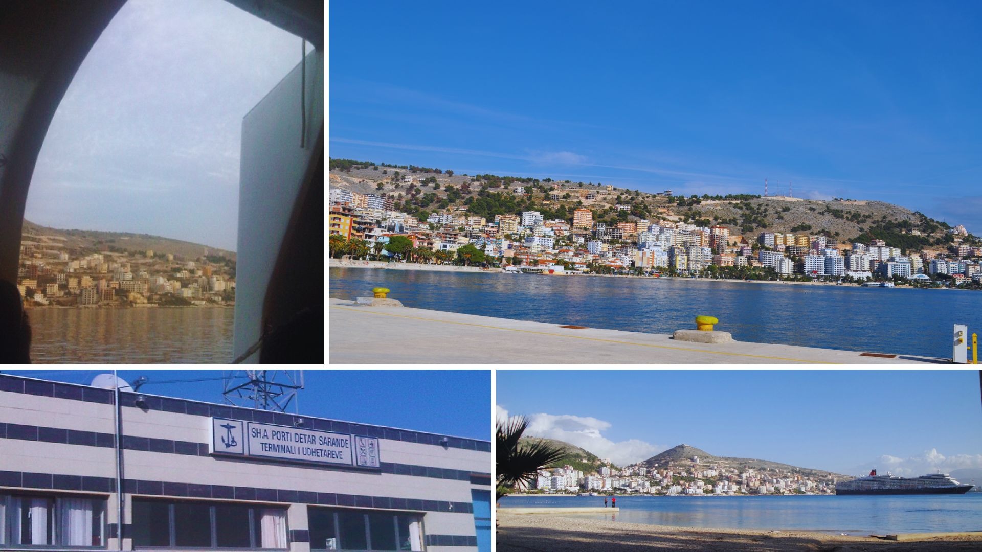 Montagem com registros da chegada do navio, vista panorâmica de Sarandë e detalhes do porto albanês.