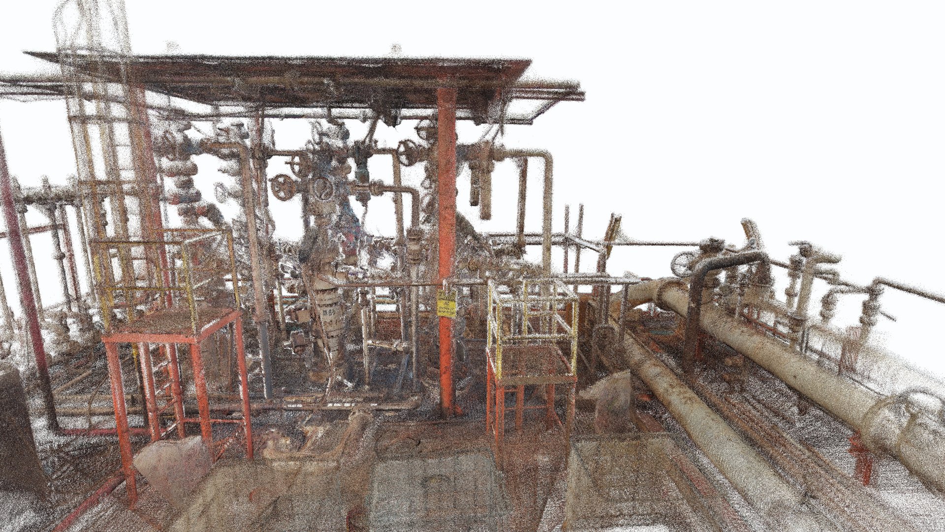 Industrial 3D laser scan point cloud of complex oil and gas piping and facility infrastructure.
