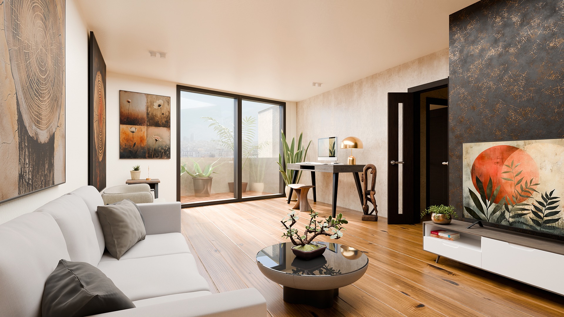 3D render of contemporary living room with wooden flooring