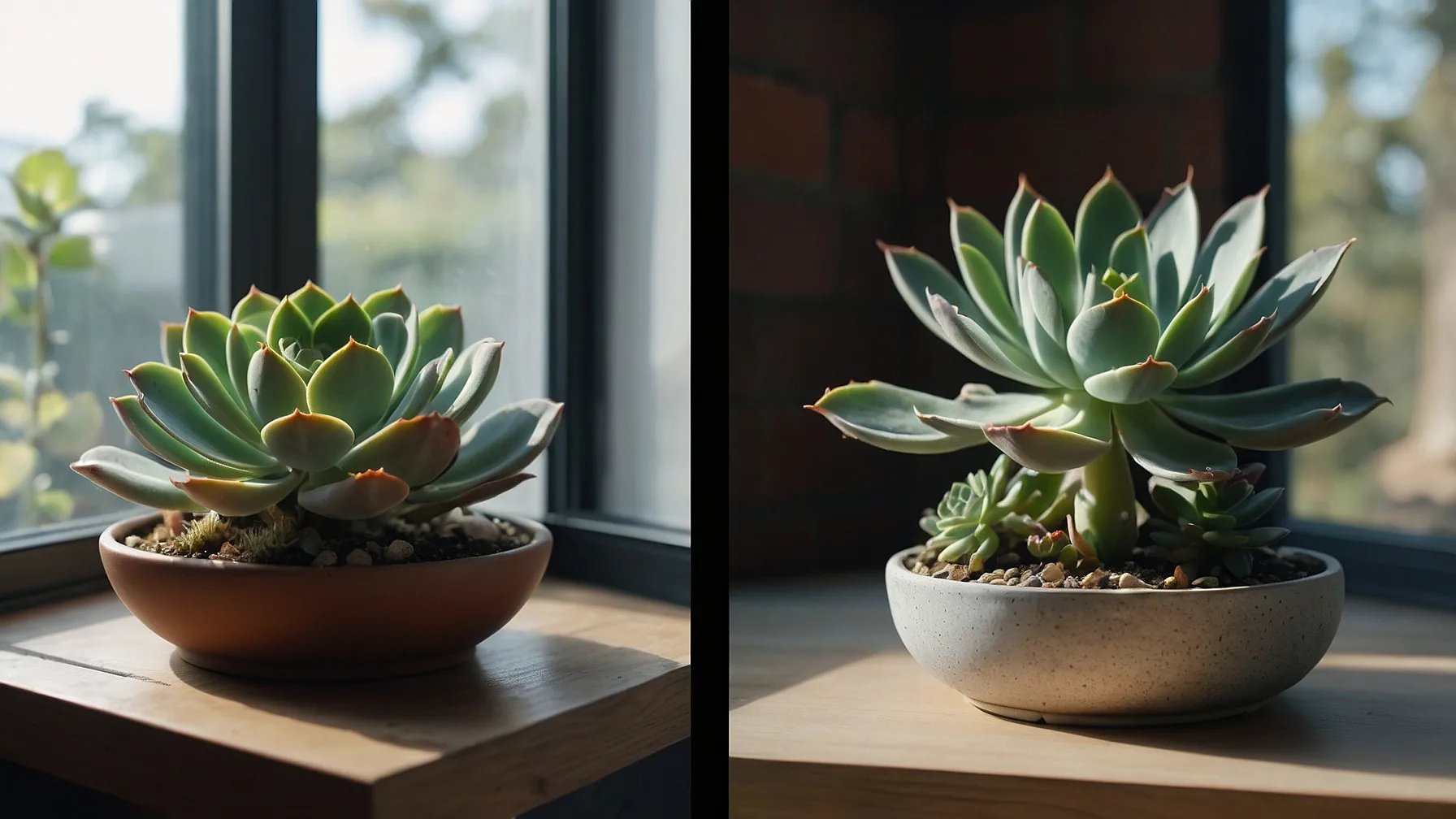 Planta suculenta estirada por falta de luz (etiolación) comparada con una sana y compacta.