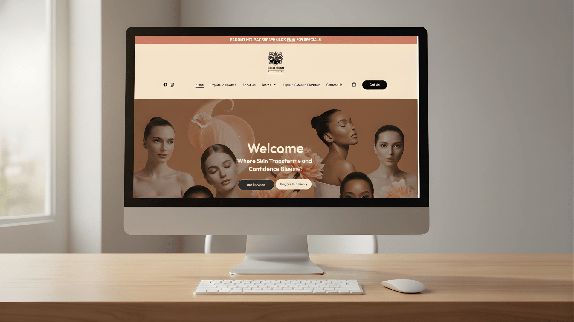 A desktop computer displaying a modern skincare clinic website design on a wooden office desk.