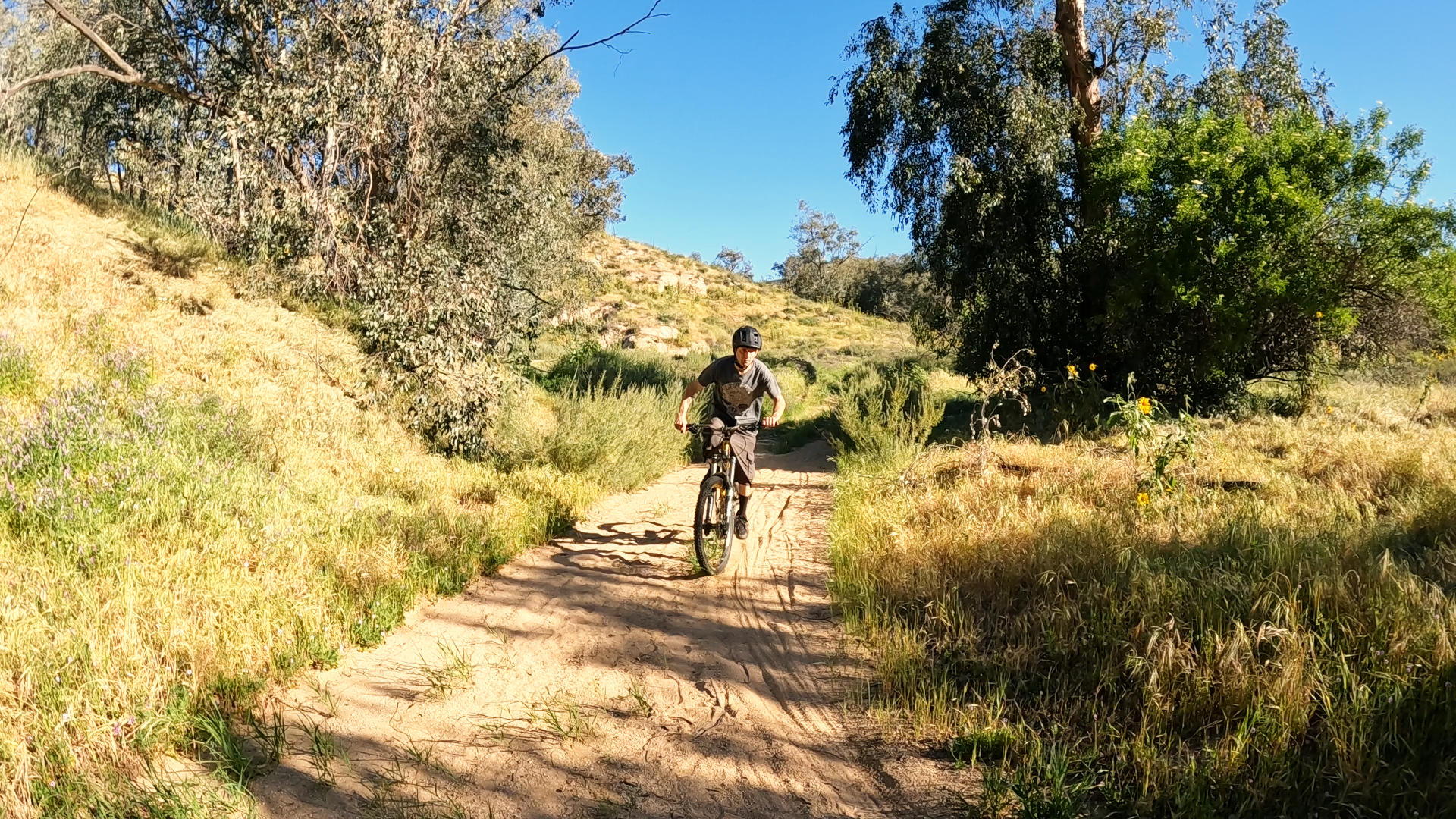 mountain biker riding through sand