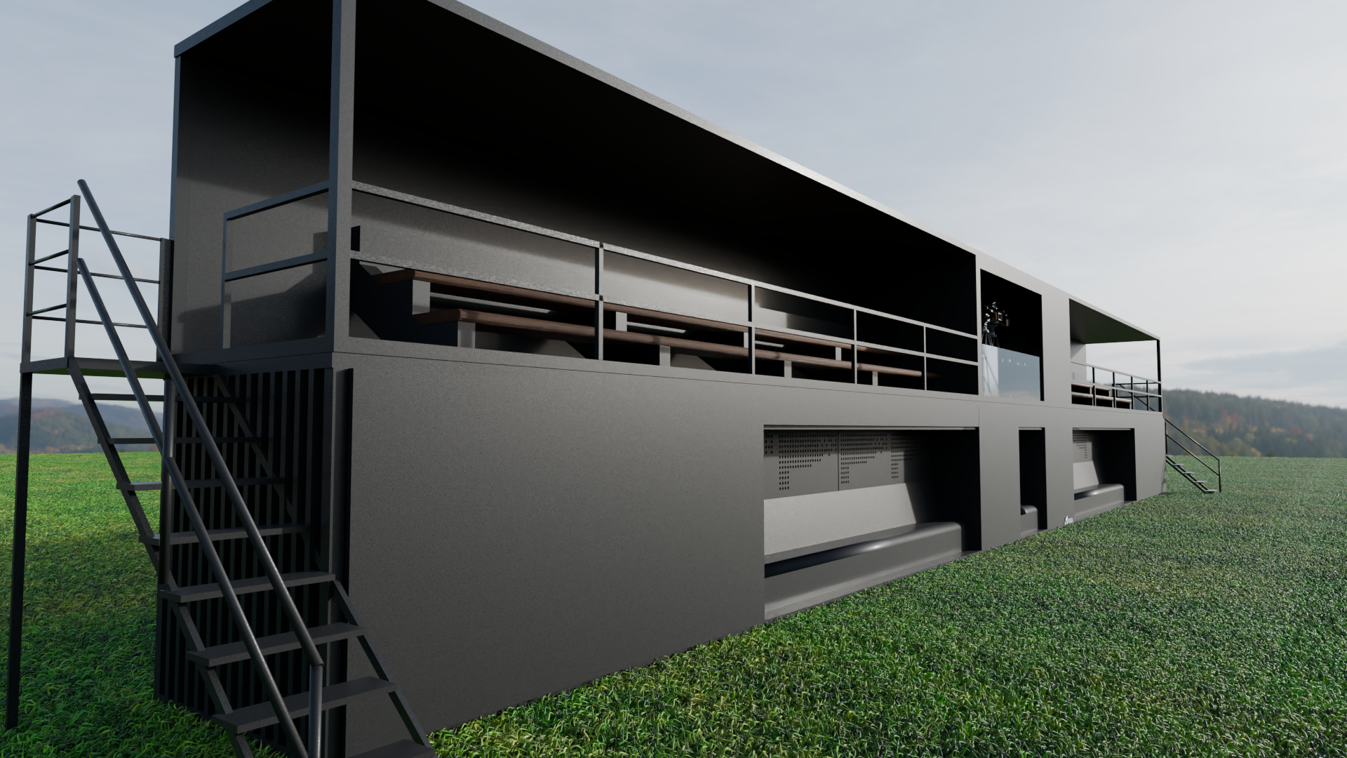 Vista lateral en perspectiva de módulo modular para eventos con grada cubierta y escalera exterior