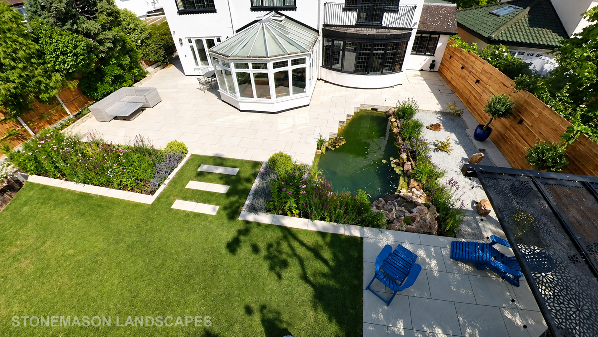 Waterfall Pond, Zen Garden & Porcelain Patio Remodel - Upminster Hornchurch Gidea Park Brentwood