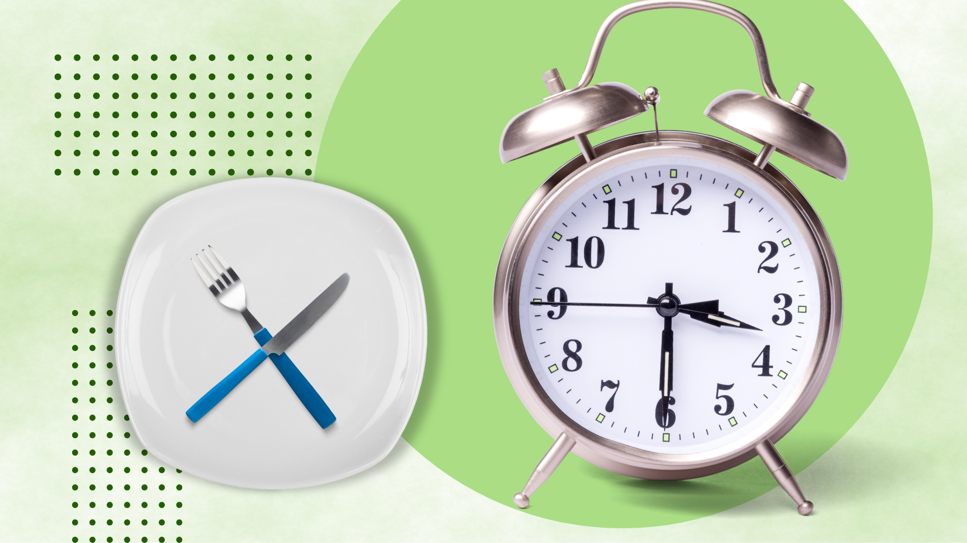 Vintage alarm clock next to an empty plate with a crossed fork and knife illustrating intermittent fasting.