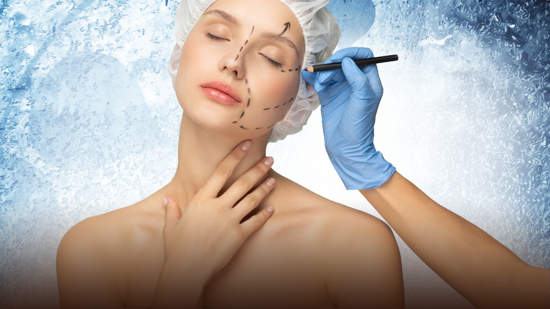 Plastic surgeon marking a woman's face with a surgical pen for cosmetic surgery on a blue background.