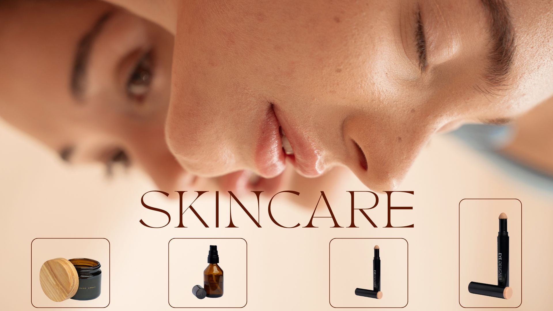 A close-up of a woman's face, showcasing flawless skin with text overlay 'SKINCARE', alongside skincare products like serums