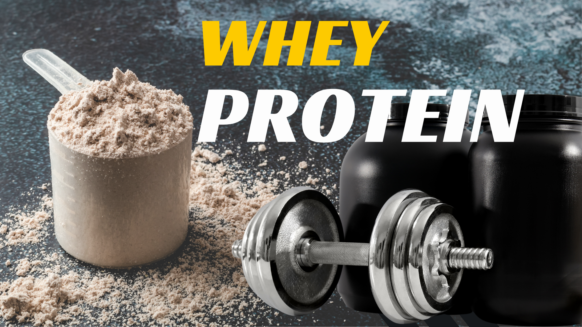 A scoop of whey protein powder next to a dumbbell and black supplement containers.