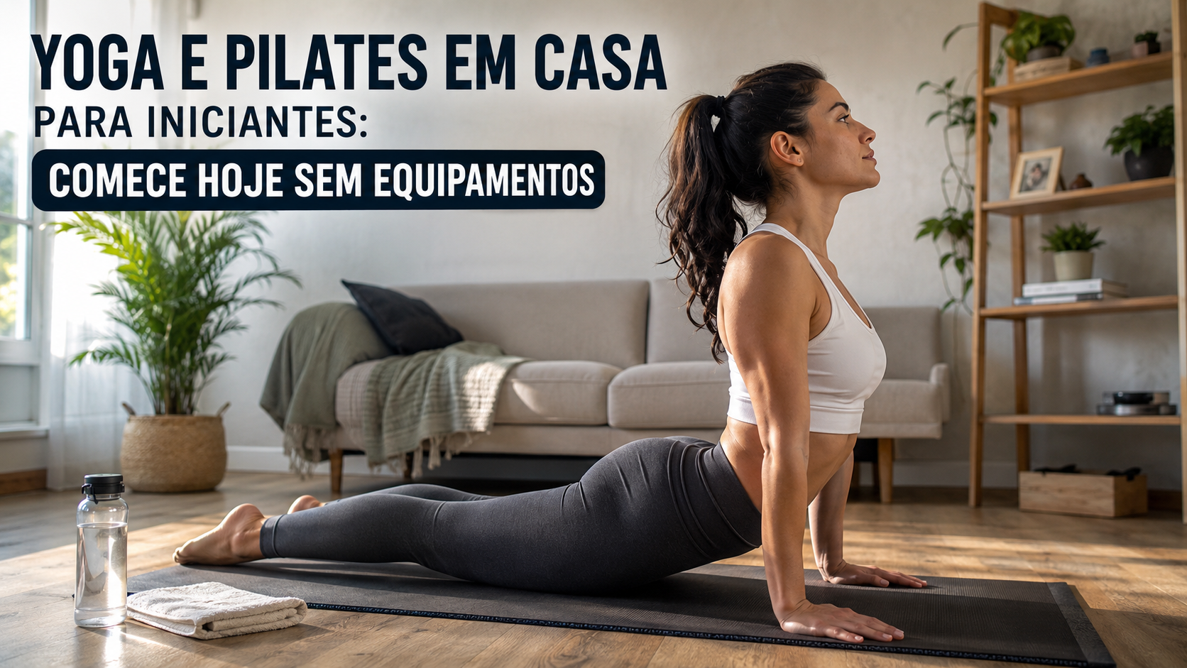 Woman practicing yoga cobra pose at home during a beginner pilates and yoga workout.
