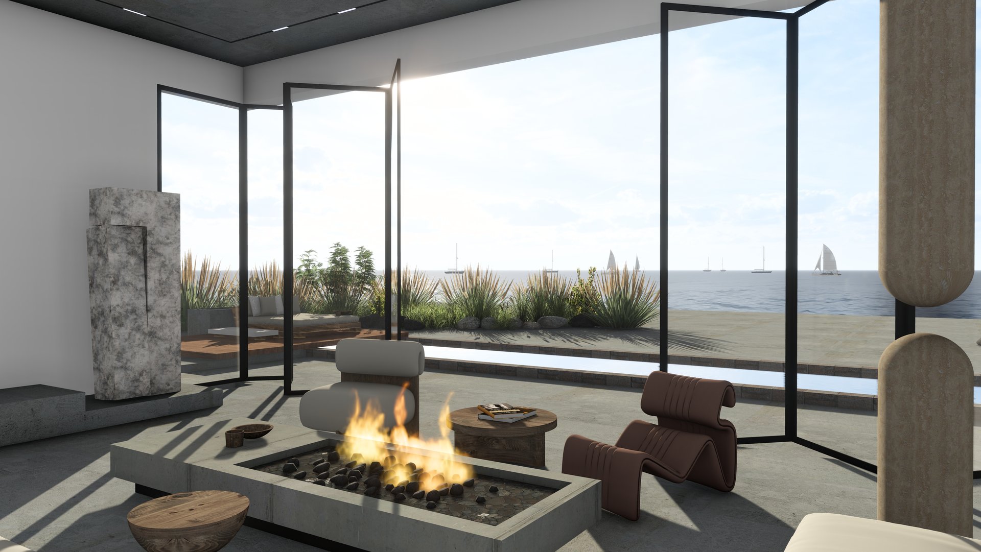 Luxury beachfront living space with sculptural lounge chairs, modern fireplace, panoramic ocean view
