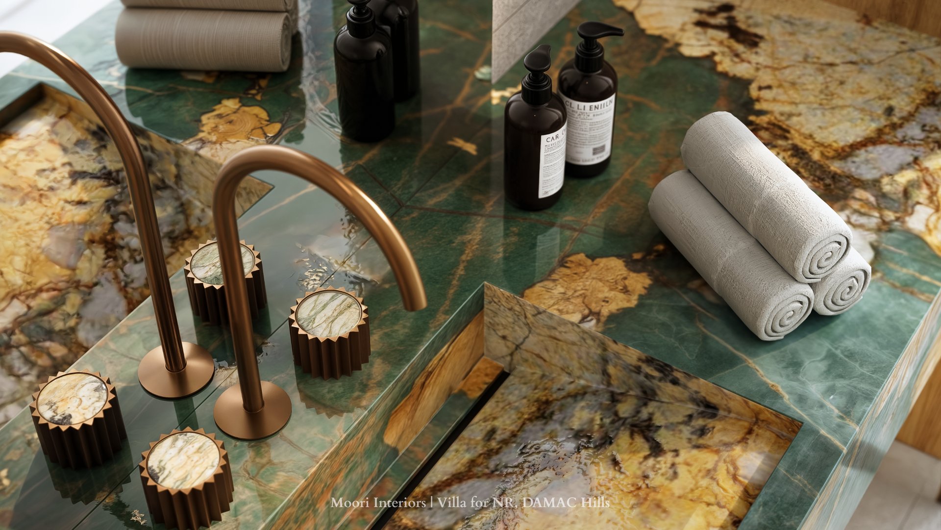 Close-up of a Green marble countertop with gold faucet and accessories in a modern bathroom.