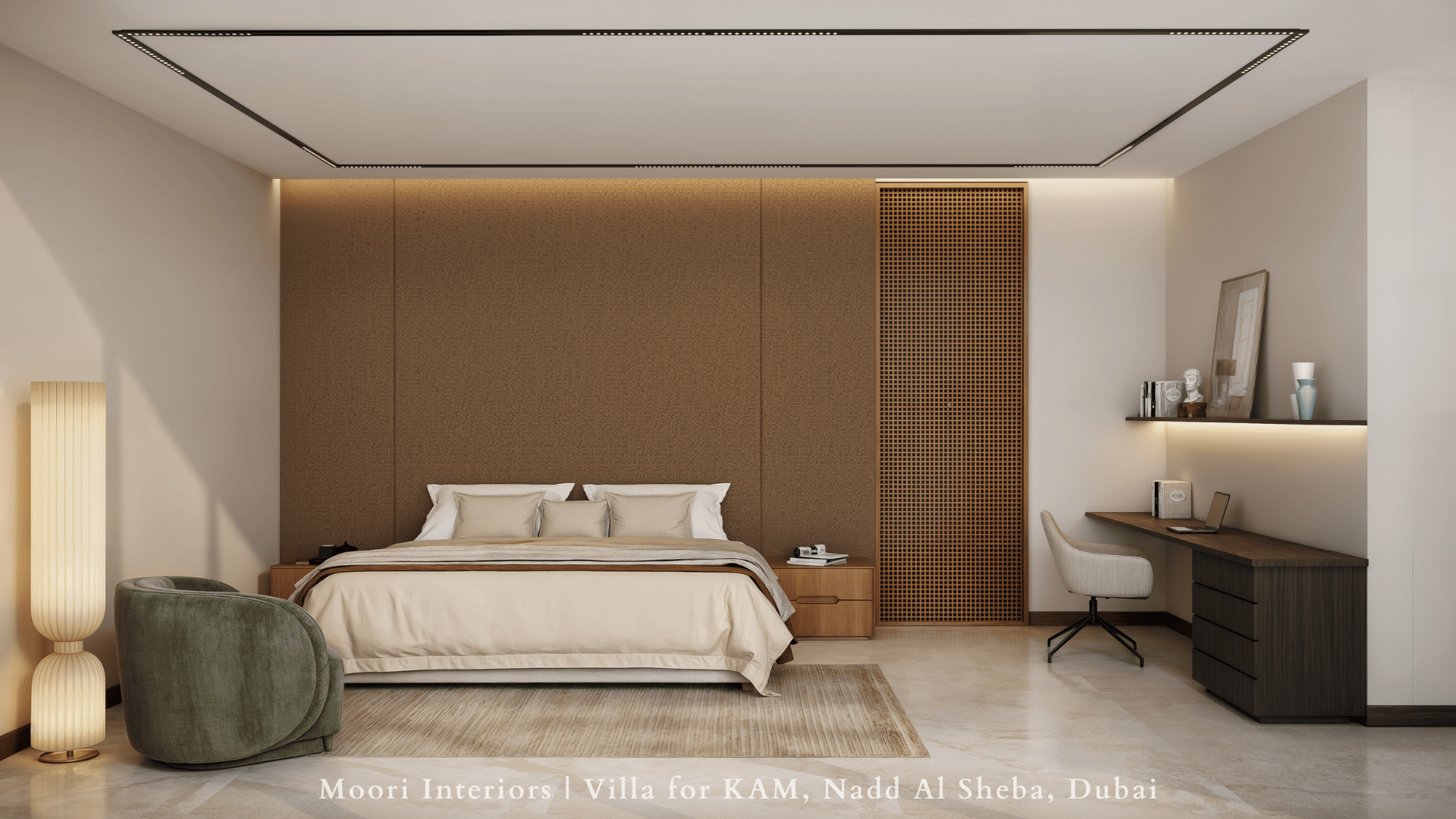 Soft Luxe Minimalism bedroom featuring a large bed with neutral bedding and a wooden accent wall