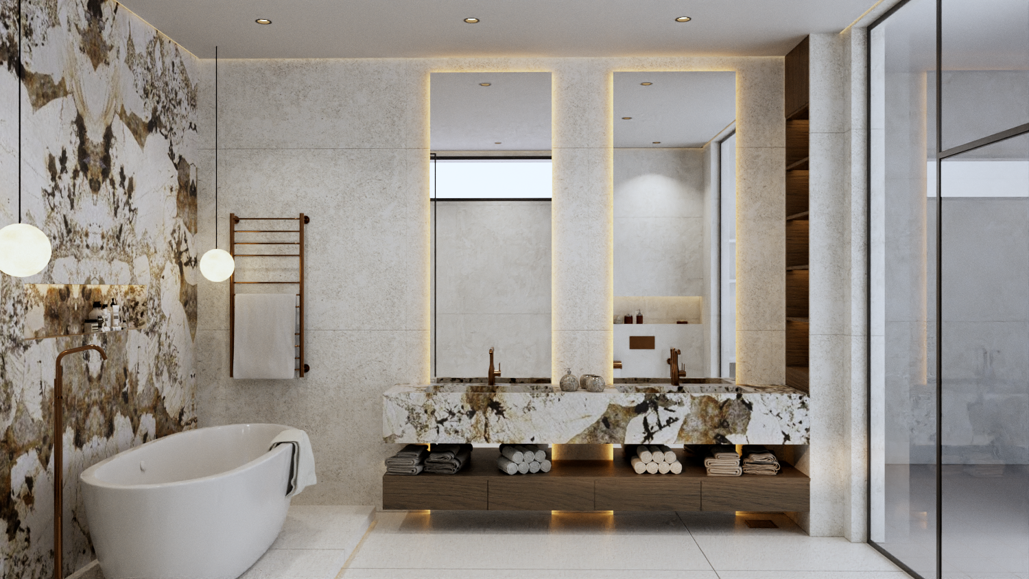Modern bathroom with a white freestanding tub, a towel warmer and marble accents.