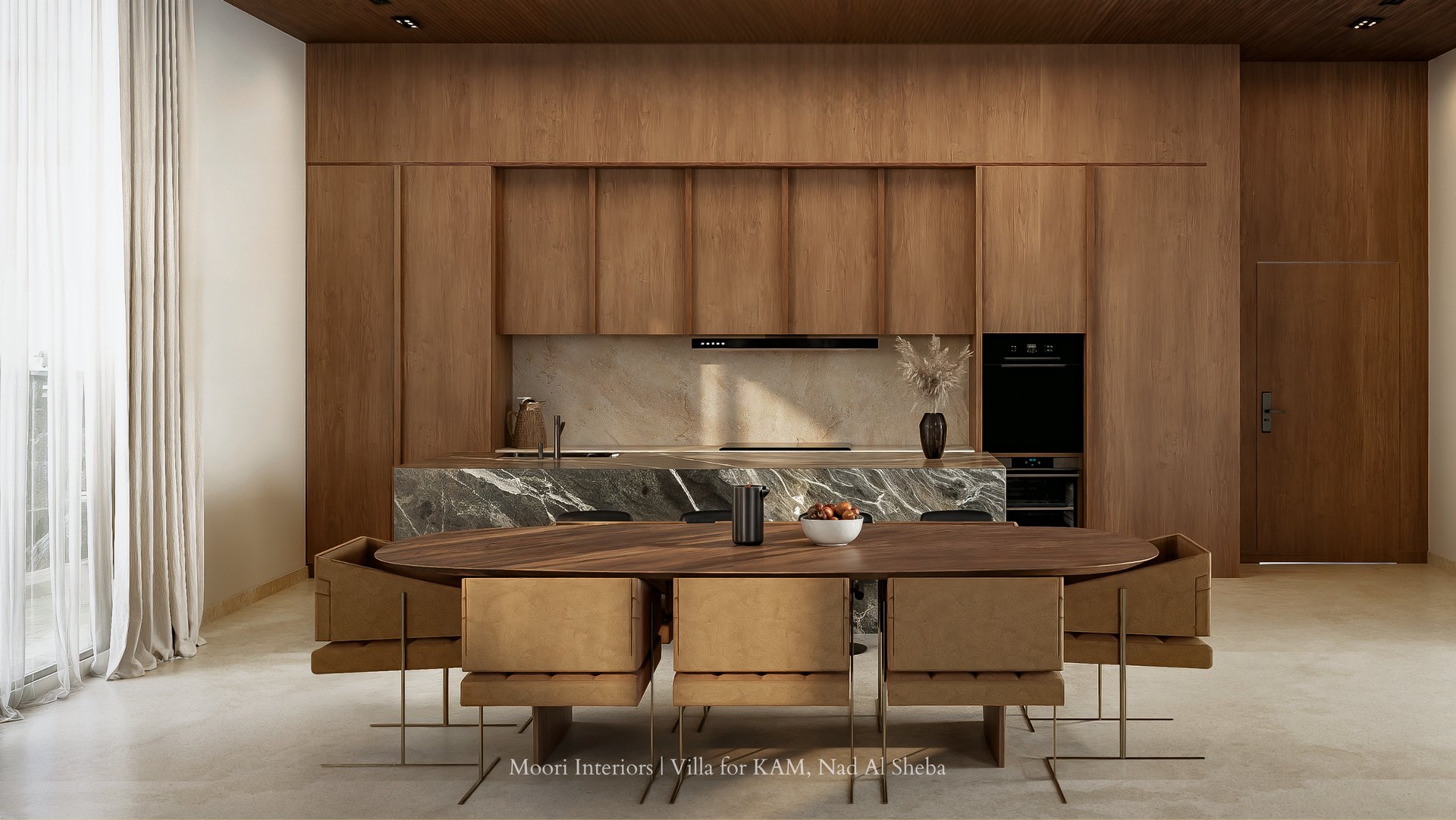 Contemporary open-plan space featuring a kitchen with integrated appliances and a dining area.