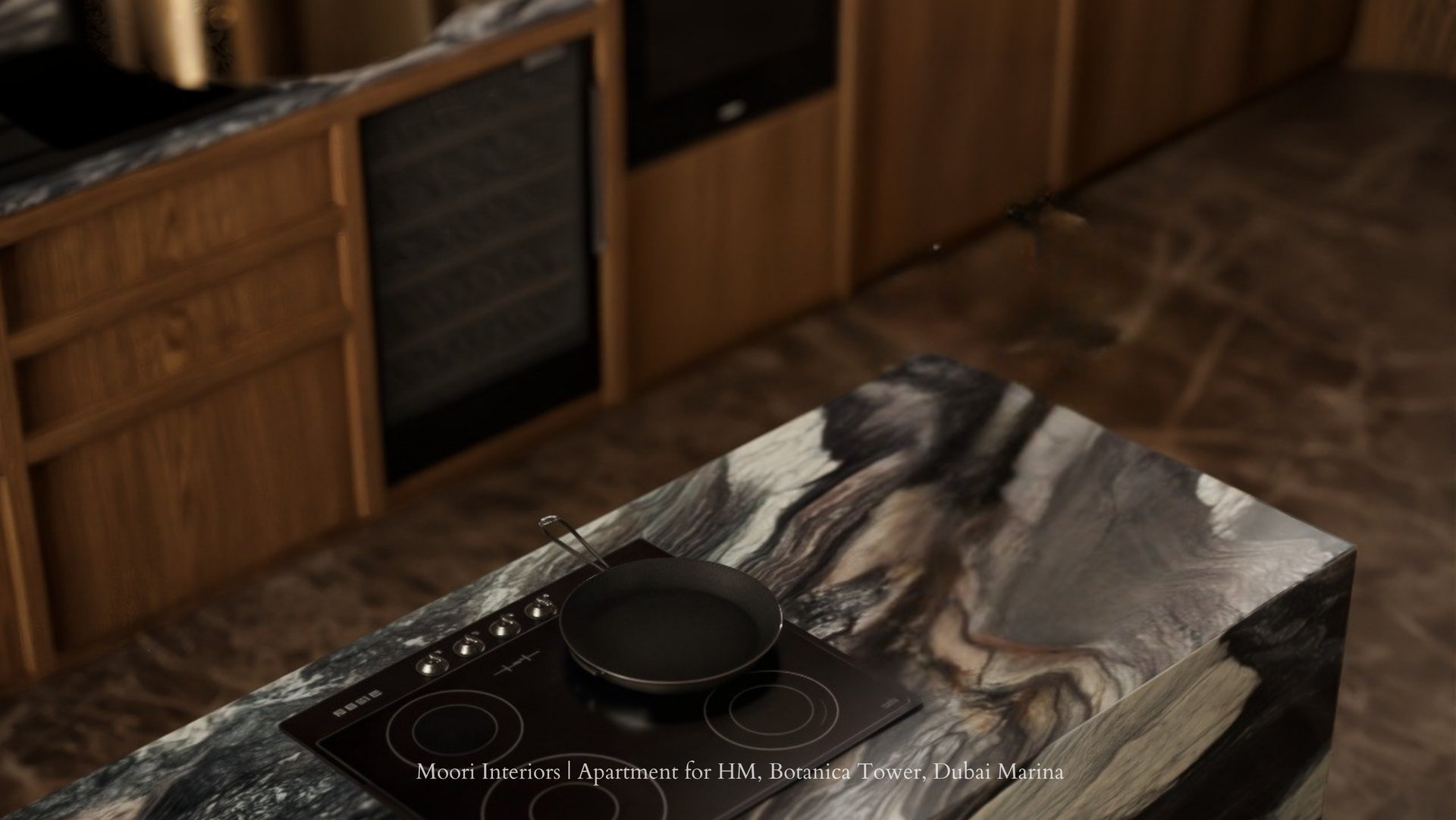 Modern kitchen island with marble top, induction cooktop, and pan. Wood cabinets in background.
