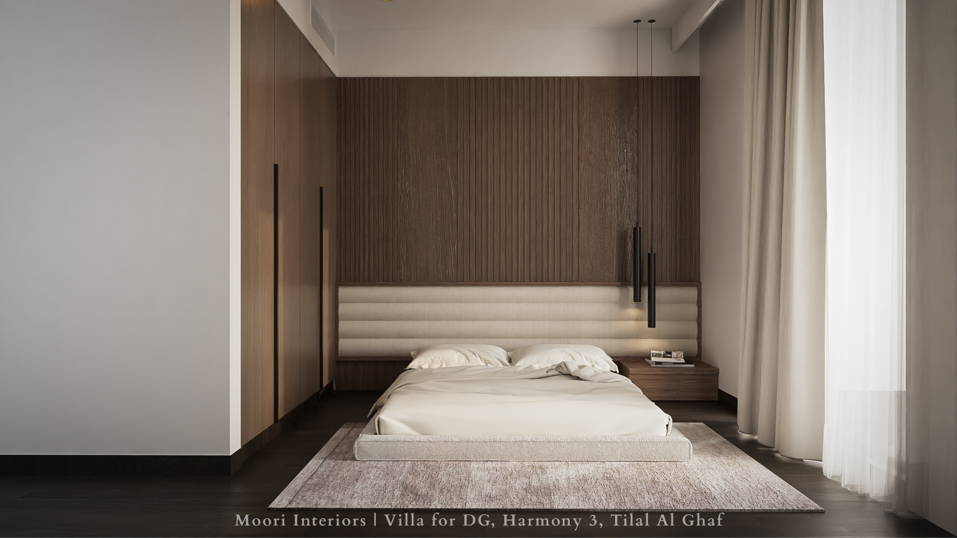 Bedroom with a light beige bed, a fluted wood accent wall, and a rug.