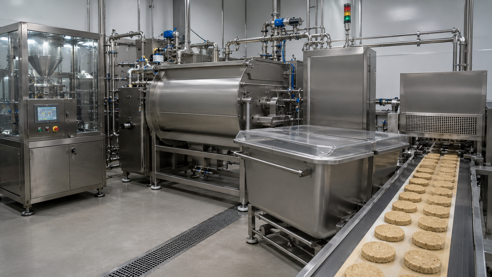 Stainless-steel protein mixing and forming line producing raw plant-based burger patties in a modern food factory