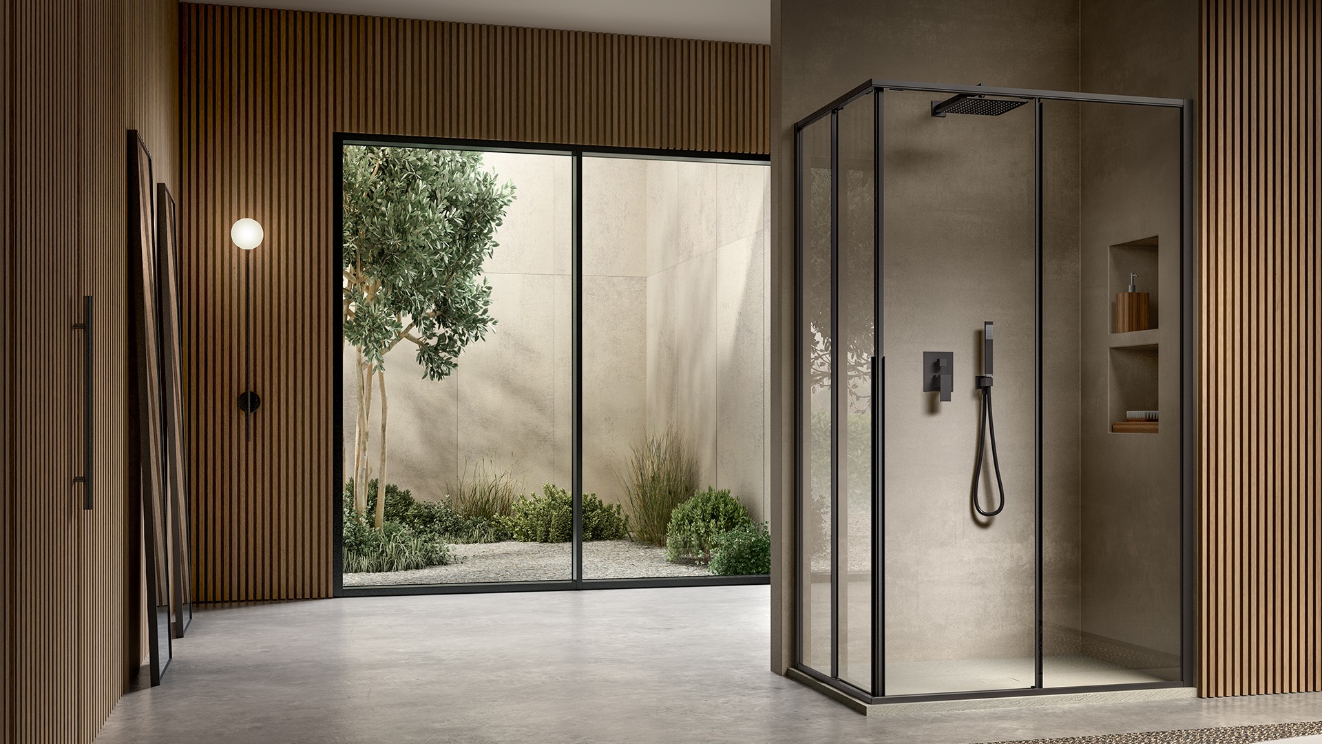 a bathroom with a glass shower and a shower