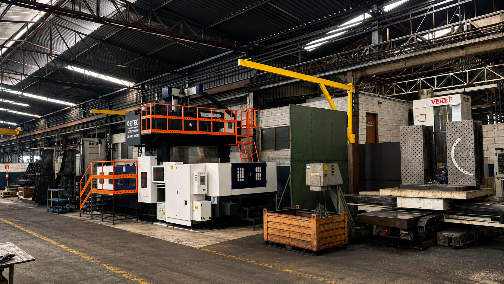 Large CNC milling machines and industrial equipment in a modern metal manufacturing factory.
