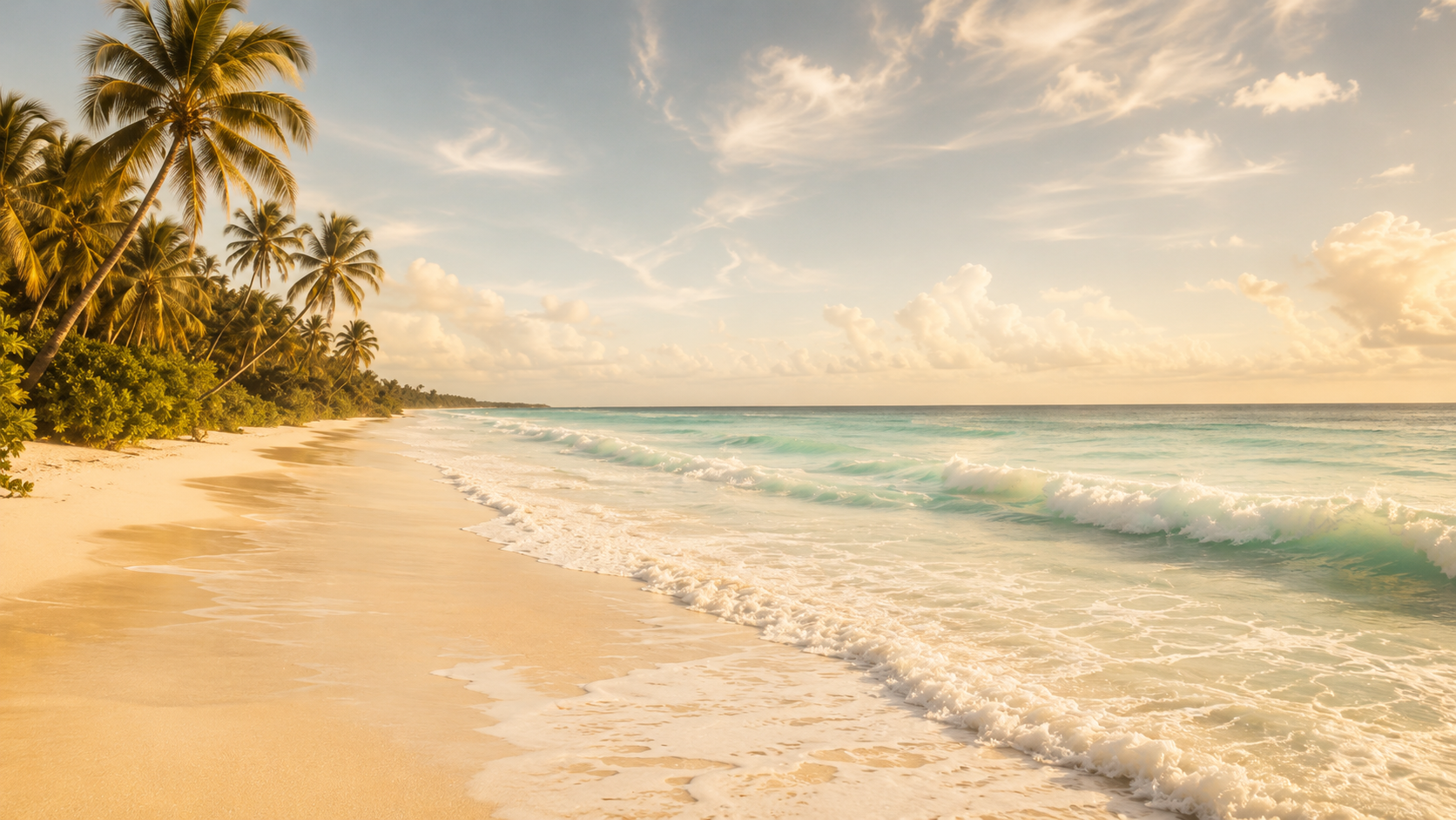 Tropical beach landscape with white sand, turquoise waves, and palm trees under a sunny sky.